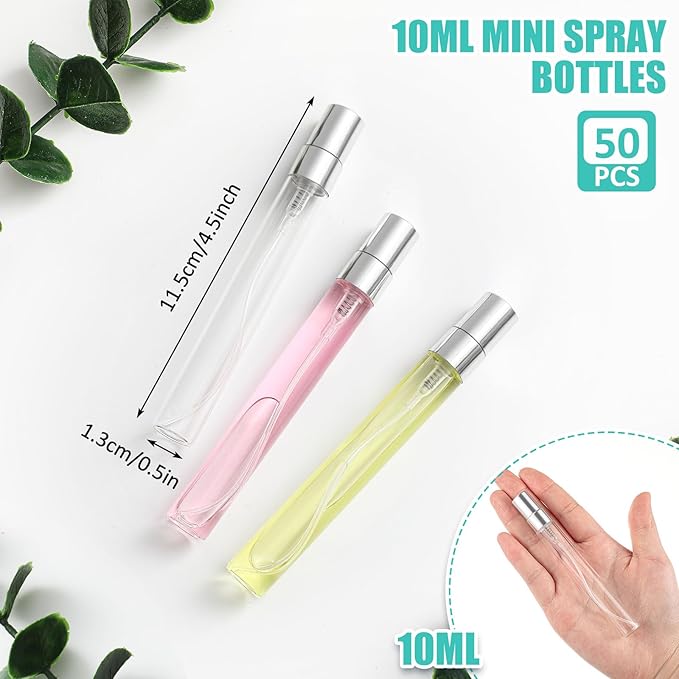 Zhehao 100 Pcs Mini Spray Bottles 10 ml Clear Glass Perfume Bottles Refillable Fine Mist Perfume Atomizer Portable Empty Sample Containers for Cleaning, Essential Oils, Travel (Silver Cap)