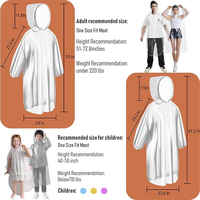 Ponchos Family Pack, Rain Poncho for Adults and Kids Disposable Emergency Rain Ponchos