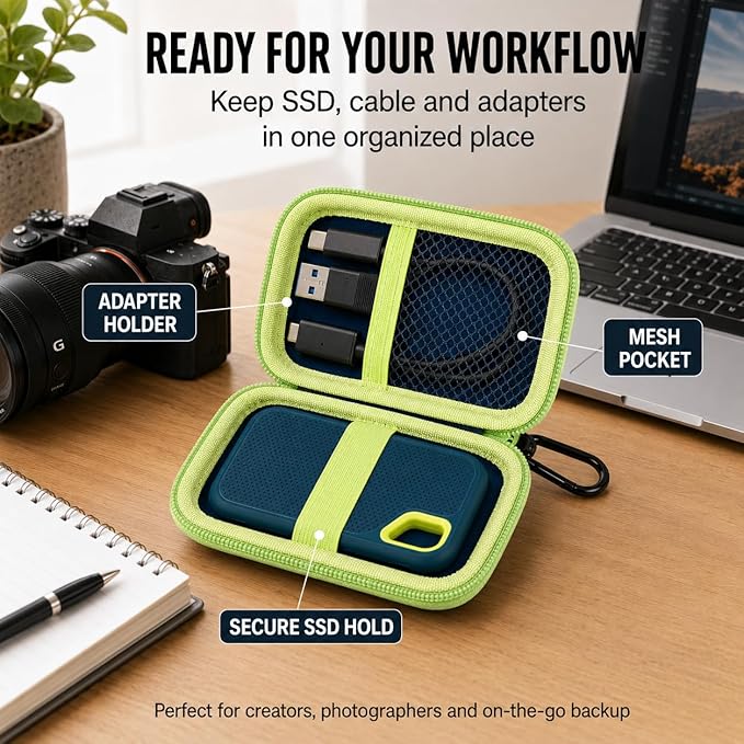 SSD Case for SanDisk Extreme Portable SSD & Extreme PRO, Hard Shell Protective Storage Bag with Carabiner, Fits 1TB 2TB 4TB 8TB External Solid State Drive for Business Travel (Green)