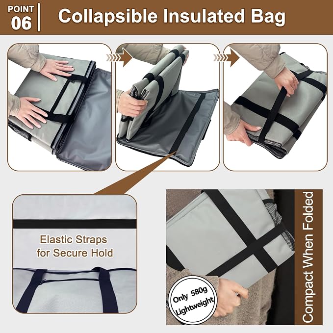 Reusable Grocery Bag – Expandable Insulated Cooler Bag with Bottom Board, Collapsible Insulated Shopping Bag with Zipper & Drawstring, Heavy Duty Tote Bag for Shopping, Delivery, Picnic, Beach