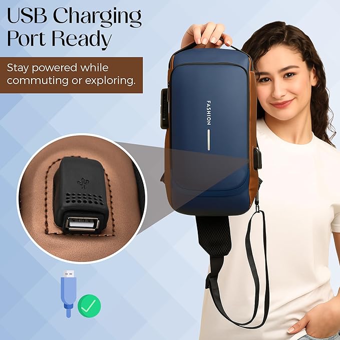 Unisex Anti-Theft Sling Bag with USB Port, Water-Resistant Crossbody Chest Backpack for Travel & Work