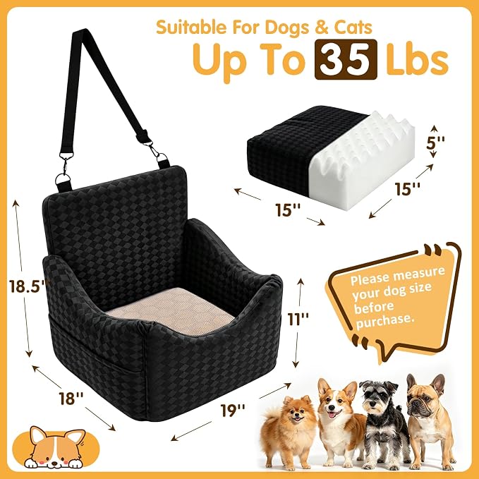 Topmart Dog Car Seat for Small Medium Dogs Under 35lbs, Memory Foam Safety Dog Booster Seat for Front & Back Seat, Cozy Pet Bed for Car with Safety Tether, Storage Pockets, Machine Washable Cover