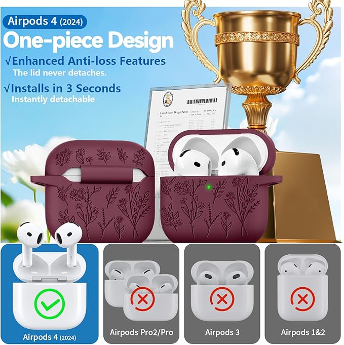 for Airpods 4 Case, Ekoonpft Flower Engraved Cases for Apple AirPods 4th Generation 2024, Soft Silicone Cover for Women Girly with 3-in-1 Cleaning Kit & Keychain, Anti-Scratch, Shockproof
