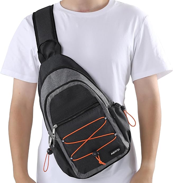 AGPTEK Sling Bag for Men Women, RFID Crossbody Daypack with Water Bottle Holder, Large Capacity EDC Chest Bag for Travel Day Trip Hiking Gym Cycling, Grey