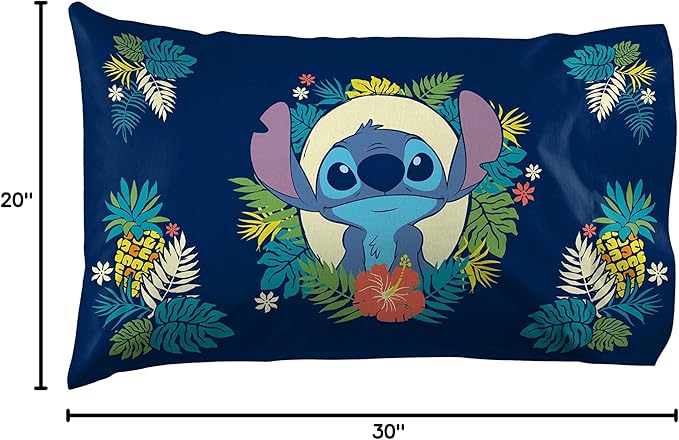 Jay Franco Lilo & Stitch Hawaii Garden (Pack of 1) Pillowcase - Double-Sided Kids Super Soft Bedding (Official Product)