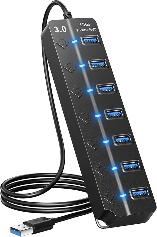 ONFINIO USB Hub 3.0, 7-Port USB Hub Splitter with Individual On/Off Switches and Lights, 3.2ft/1m Long Cable Compatible with MacBook, Laptop, Surface Pro, PS4, PC, Flash Drive, Mobile HDD