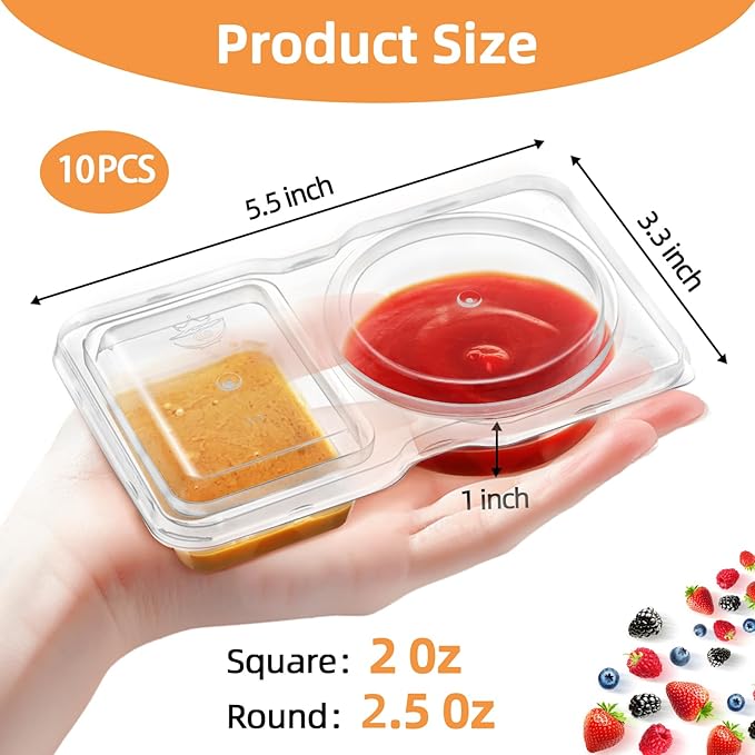 10 Pack 2 Compartment Snack Containers with Lids – Leak-Proof, Reusable Plastic Snack Packs for Adults, Divided Small Snack Containers for Lunch, Meal Prep, Dips, Salads