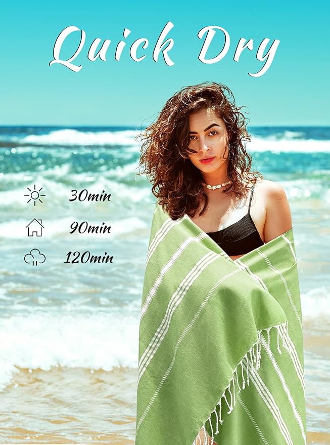 cabanana Turkish Beach Towel Oversized - 40"x70" Quick Dry Sand Free Thin Beach Towels for Adults,Extra Large Cotton Lightweigh Travel Towel for Beach Accessories(Apple Green)
