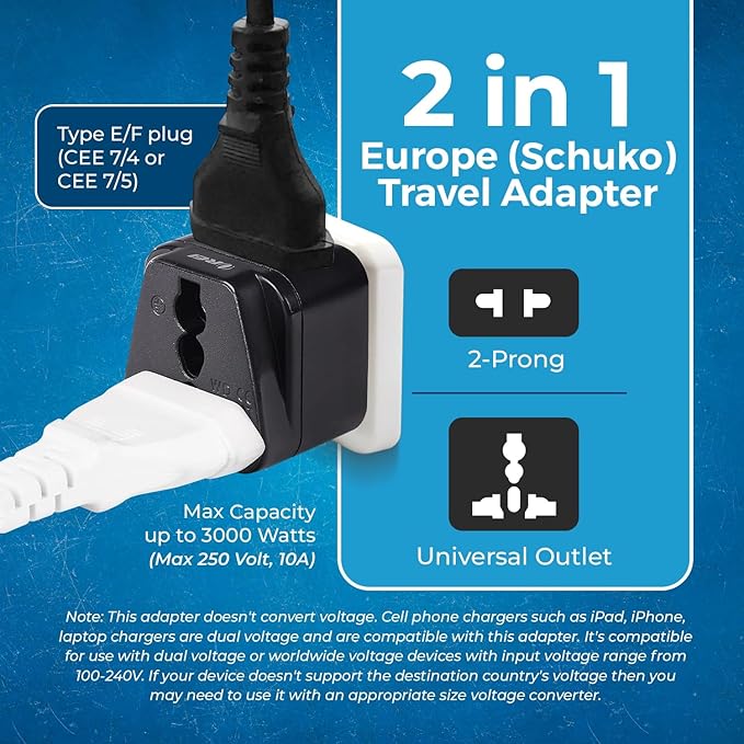 OREI European Power Adapter Plug, Perfect for Travel To Europe, Germany, France, Spain, Norway, Korea - Universal Socket - Type E/F Outlet - 2 Inputs - Safe Grounded Connection