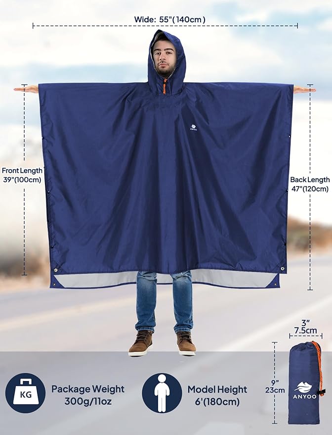 ANYOO Hooded Rain Poncho for Adults Waterproof Lightweight Rain Coat for Men Women Reusable Rain Jacket for Emergency Outdoor