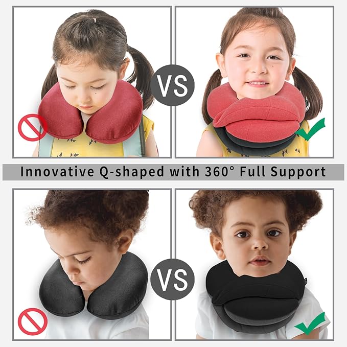 BUYUE Kids Travel Pillows for Airplane, Memory Foam 360° Head Support Sleeping Essentials for Girls Long Flight, Skin-Friendly Soft Neck Pillow for Traveling in Car Seat, (Small, Pink Grey, 40-90 lbs)