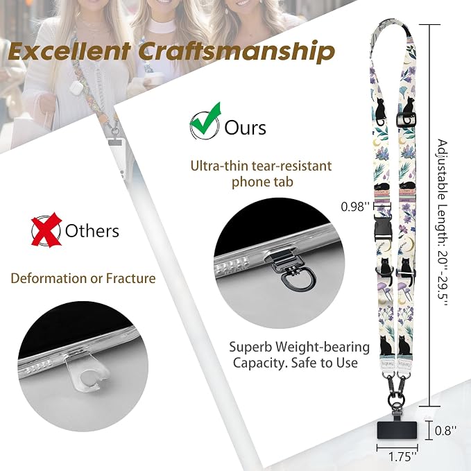Icycay Phone Lanyard Crossbody, Black Cat Cell Phone Strap for Around The Neck Adjustable, Book Floral Teacher Anti Theft Cute Lanyard for ID Holder Keys Accessories Travel Essential