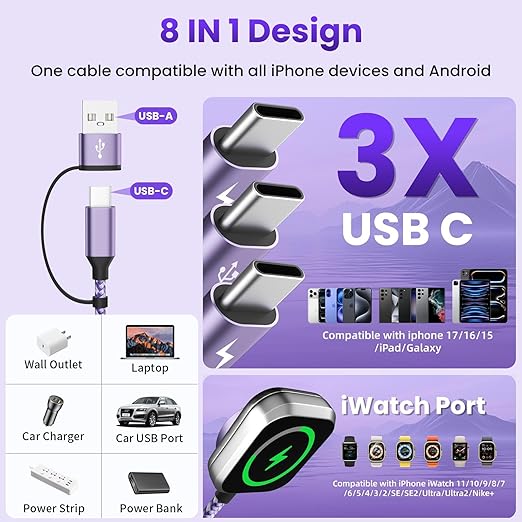 Travel Essentials Multi Charging Cable for iWatch Charger, 4in2 3 X USB C Cable Multiple Charger Cord, USBC Car CarPlay Cable Compatible with iWatch Ultra/11-1/iPhone 17-15/Galaxy S25-22, 5F Purple