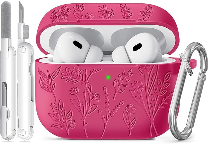Flower Engraved Case for Apple AirPods Pro 2nd/1st Generation, Soft Silicone AirPods Pro 2 Gen Protective Cover for Women Airpod Cases with Clean Kit,Carabiner,Front LED Visible