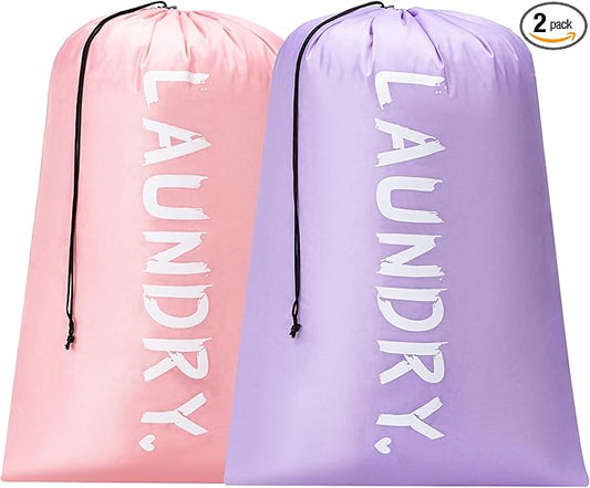 2 Pack XL Travel Laundry Bag, Machine Washable Dirty Clothes Organizer with Drawstring,Large Enough to Hold 4 Loads of Laundry, Easy Fit a Laundry Hamper or Basket Travel Essentials 24" x 36"