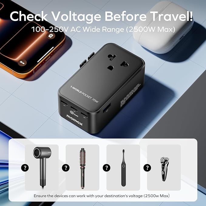 (2026 NEW) MOMAX Universal Travel Adapter, Ultra-Thin 1-World Pocket 70W GaN International Plug Adapter with 3 USB-C & 1 USB-A Fast Charging All-in-One Wall Charger for USA EU UK AUS (1-Pack, Black)