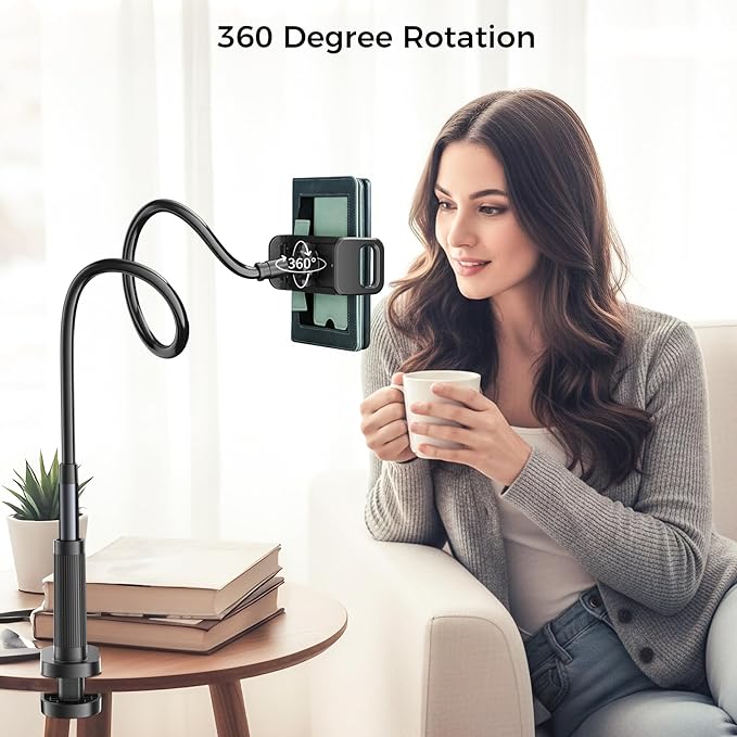 Kefotic Long Gooseneck Tablet Holder for Bed Works with Thick Case, eReader Stand Compatible with All Kindle Paperwhite Colorsoft Scrible, Desk Flexible Arm for iPad iPhone Fire HD Smartphones