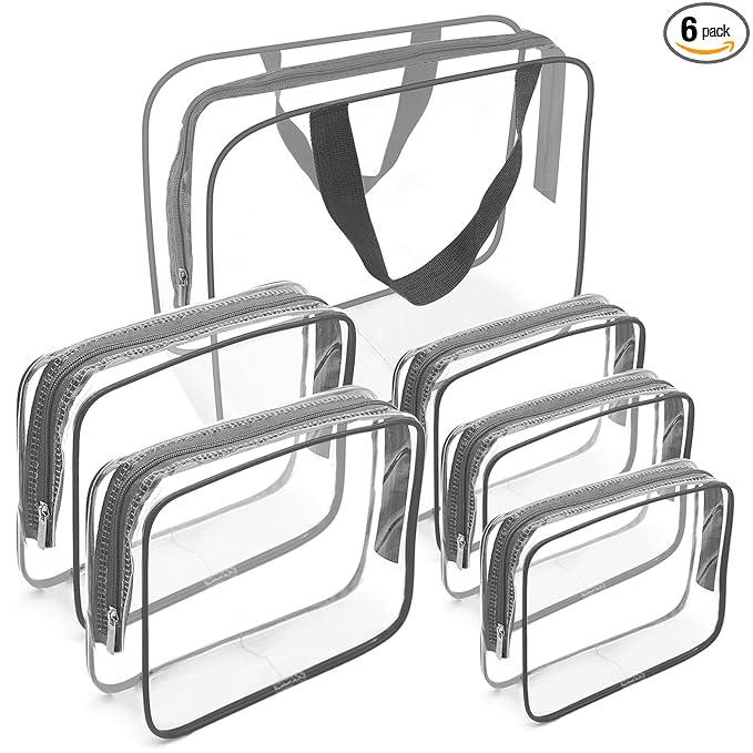 APREUTY Clear Makeup Bags, TSA Approved 6Pcs Cosmetic Makeup Bags Set Clear PVC with Zipper Handle Portable Travel Luggage Pouch Airport Airline Bags Bathroom (Gray)