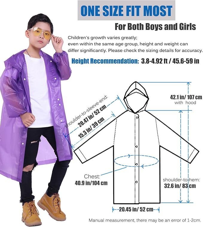 Kids Rain Jacket, 2 Pack Rain Ponchos for Kids - Reusable Raincoats for Boys and Girls Waterproof Outdoor Rain Gear