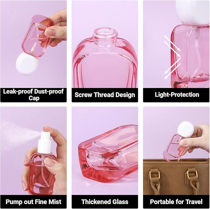 Segbeauty 1oz Fine Mist Glass Travel Spray Bottles for Toileties, 2pcs Square Pink Refillable Perfume Atomizer with Round Cap, 30ml Empty Cologne Sprayer, Liquids Essentials Container for Travel