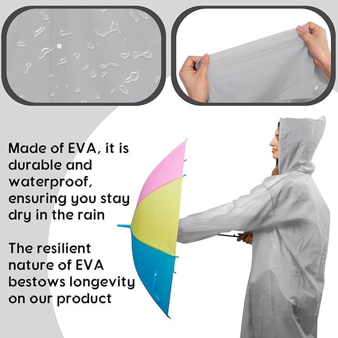 Rain Ponchos for Adults Reusable Rain Coats with Hood and Drawstring Thicken Ponchos Waterproof for Women(Grey)