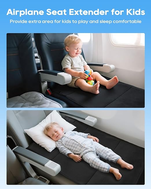 Toddler Airplane Bed, Portable Airplane Seat Extender Travel Bed for Kids, Soft Baby Plane Travel Essentials for Flying, Toddlers Long Flight Must Have Footrest Black