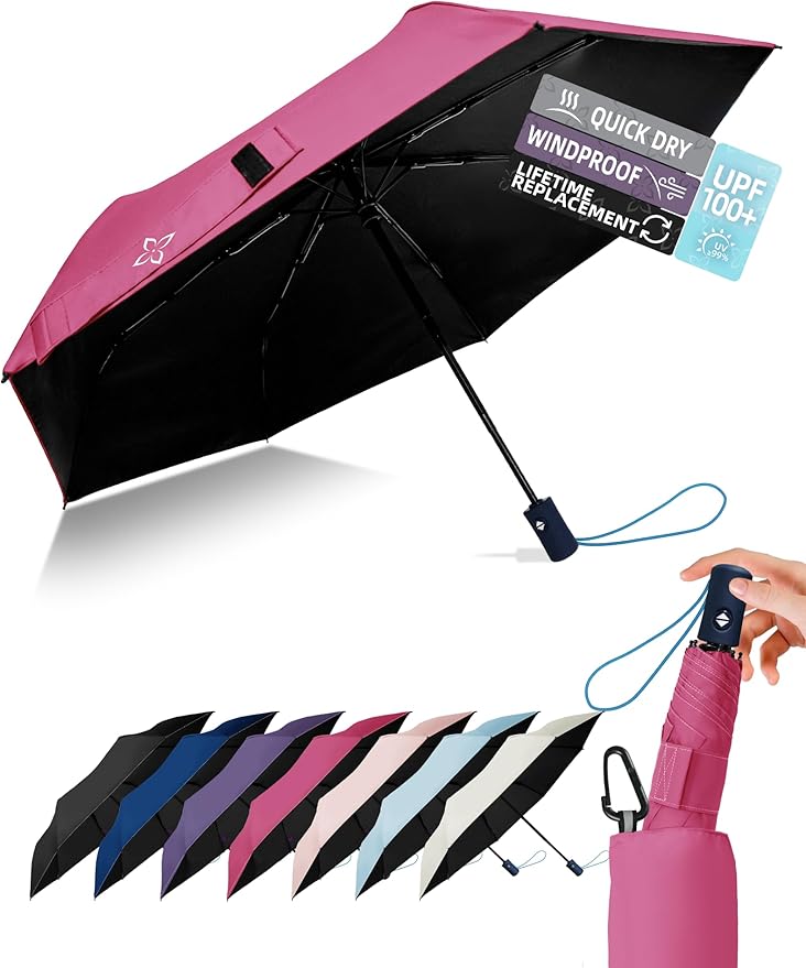Windproof Travel Umbrella for Rain - 43" Compact Folding Umbrella, Reinforced Strong Frame, Lightweight Portable Parasol with UPF 100+ UV Sun Protection, Cruise Ship Essentials