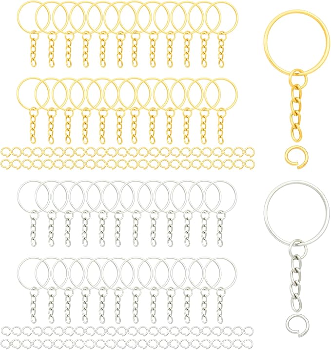 50Sets 1 inch Keychain Rings Split Round Key Ring with Chain and Open Jump Rings for DIY Keychain Making Crafts Silver and Golden