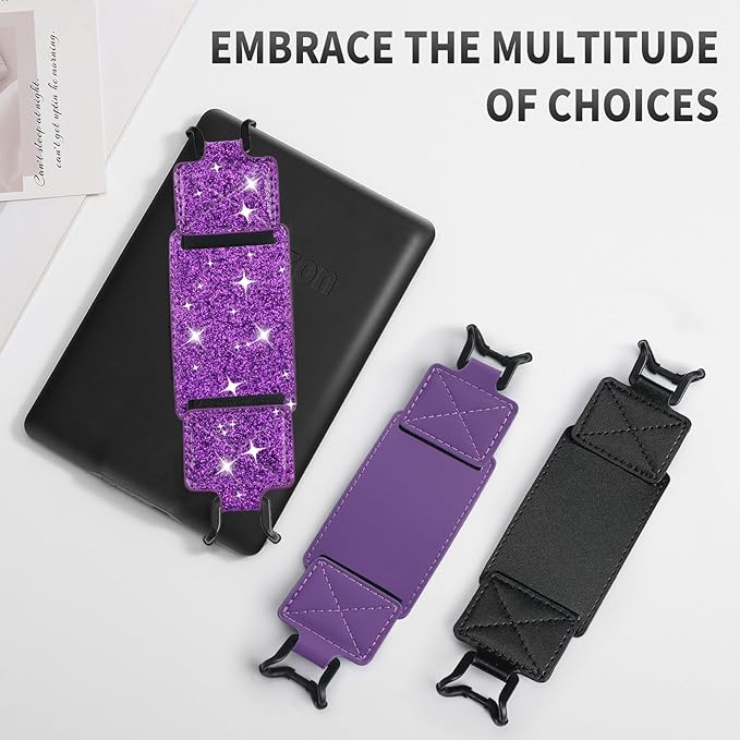 MoKo 2 Pack Security Hand Strap for 6-8" Kindle eReaders Fire Tablet-Kindle/Kobo/Voyaga E-Book Tablet, High-Elasticity Versatile Hand Strap Lightweight Finger Grip Holder, Deep Purple+Glitter Purple