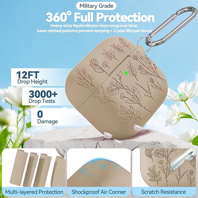 for Airpods 4 Case, Ekoonpft Flower Engraved Cases for Apple AirPods 4th Generation 2024, Soft Silicone Cover for Women Girly with 3-in-1 Cleaning Kit & Keychain, Anti-Scratch, Shockproof