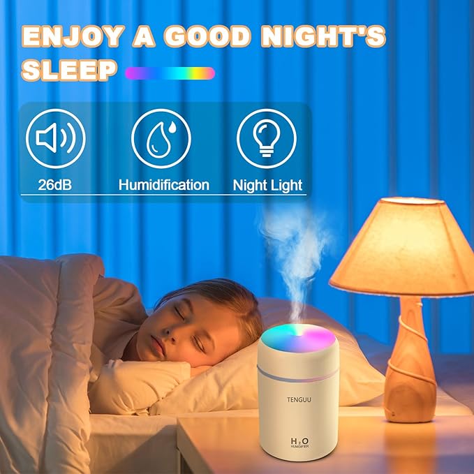 Portable Mini Humidifier, 300ml Small Cool Mist Humidifier, USB Personal Desktop Humidifiers for Bedroom Car Office Home, Auto Shut-Off, 2 Mist Modes, Super Quiet, White