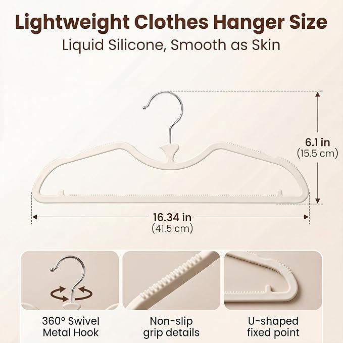 20 Pack Short Neck Hangers - Lifts Clothes 3" Higher to Prevent Dragging, Upgraded Liquid Silicone Non-Slip Hangers, Lint-Free Alternative to Velvet Hangers, Closet Organization, Cream