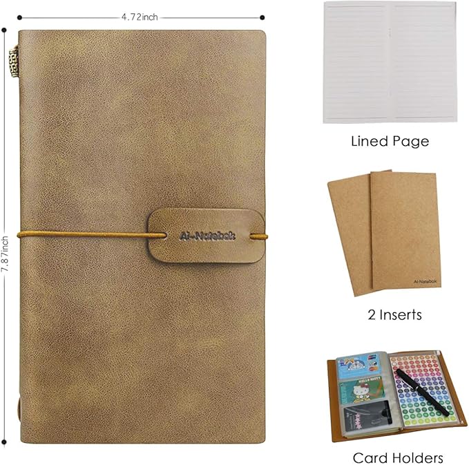 ai-natebok Travel Journal Notebook Vintage Retro Handmade Leather Lined Journal Refillable Note Book for Taking Notes, 4.72 X 7.87inch (White Coffee)