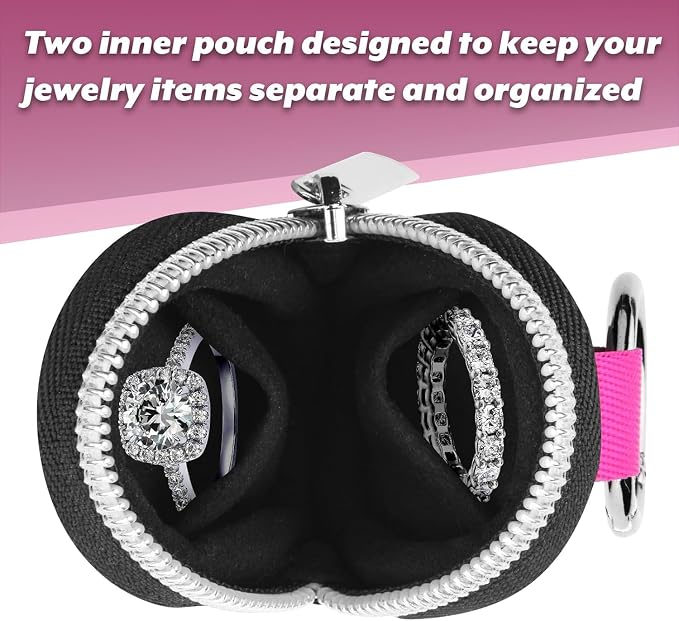 Portable Ring Organizer Case with Keychain, Traveling Ring Holder Storage Bag, Anti-Lost Keychain Container for Rings, Jewelry (2, Hot Pink)