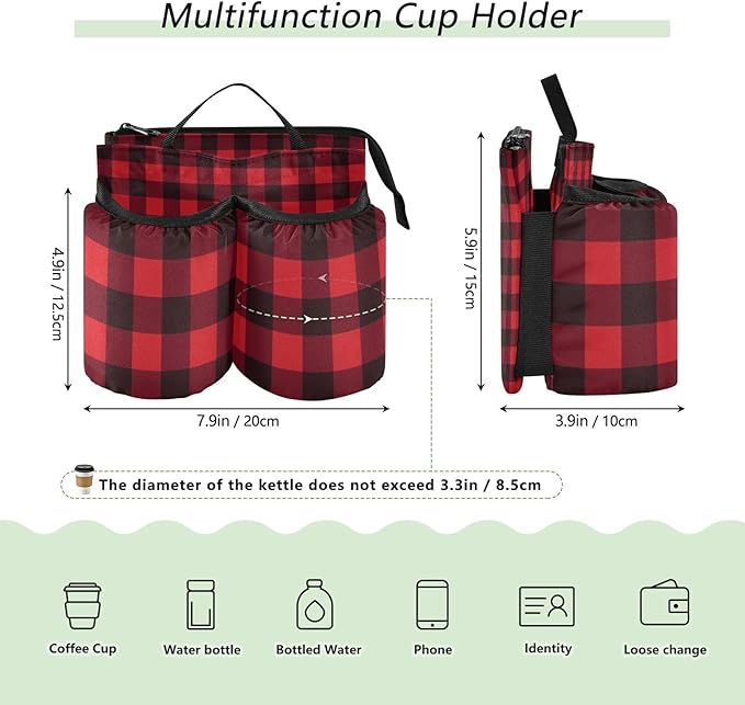 Luggage Cup Holder for Suitcases Free Hands Suitcase Cup Holder Travel Luggage Drink Holder Portable Luggage Cup Caddy Bag Carrier with Handle Red and Black Buffalo Plaid