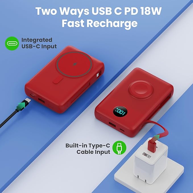 Ekrist Magnetic Portable Charger for MagSafe with Built-in Cable,iWatch Charger,Wireless Power Bank Travel Essentials,25W Fast Charging Battery Pack for iPhone 17/16/15,Apple Watch(Red,10800mAh)