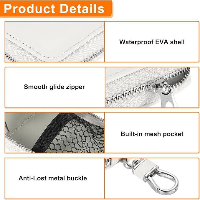 HARFINGTON Earbuds Cases, Earphone Case Holder, PU Leather Ear Buds Case Zipper Organizer Small with Mesh Pocket for USB Cable, Wireless Wired Earphones, White