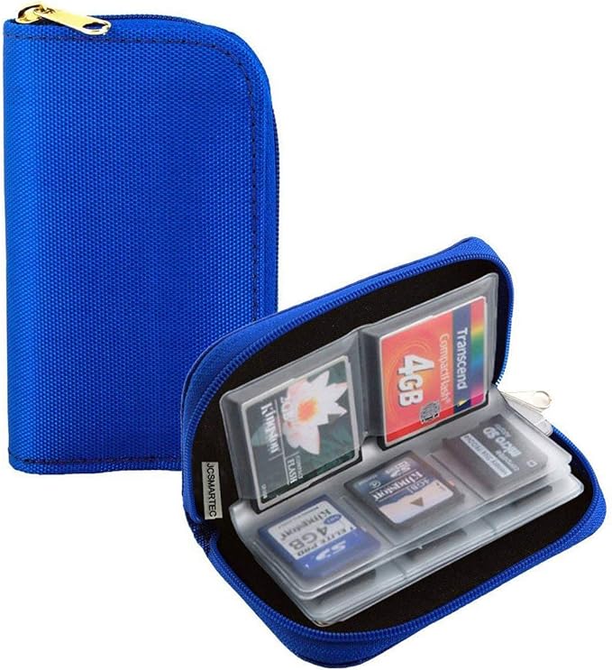 Memory Card Case - Carrying Case Suitable for Micro SD, Mini SD and 4X CF, Card Holder Bag Wallet for Media Storage Organization (Blue)