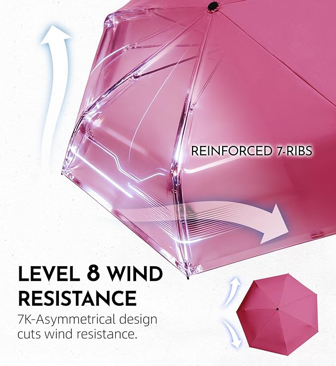 Windproof Travel Umbrella for Rain - 43" Compact Folding Umbrella, Reinforced Strong Frame, Lightweight Portable Parasol with UPF 100+ UV Sun Protection, Cruise Ship Essentials