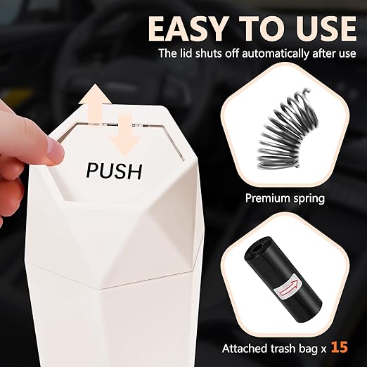 Car Trash Can with Lid - 1-Pack, Interior Accessories for Vehicles, Leakproof Garbage Can with 30 Detachable Trash Bags, Multipurpose Organizers and Storage Solutions for Home and Office (Beige)