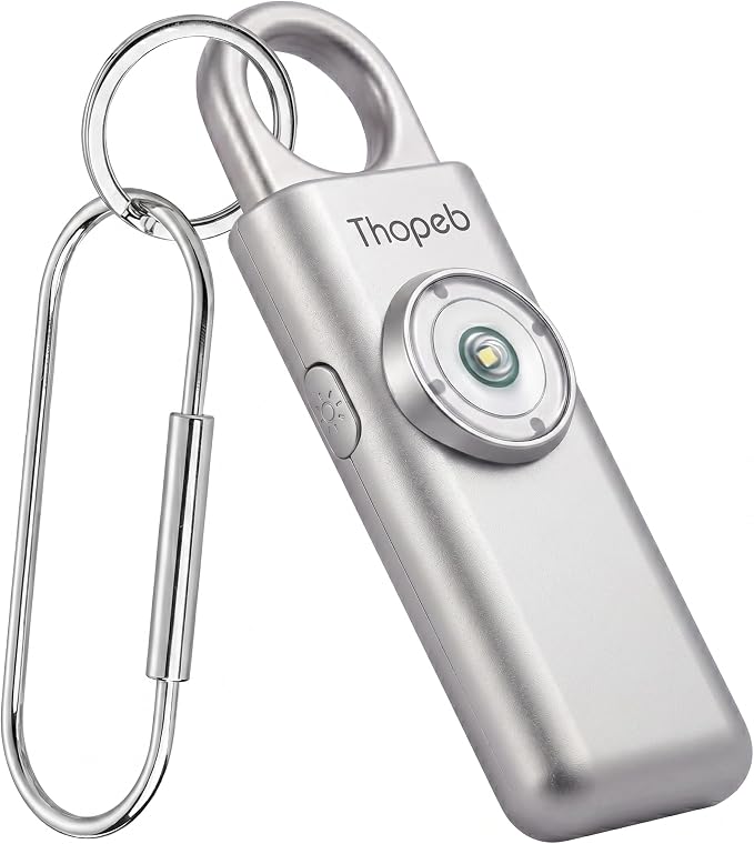 Thopeb– Personal Safety Alarm for Women–135dB Siren, Strobe Light and Rechargeable - Safety Alarm Keychain for Women (Metallic Silver)