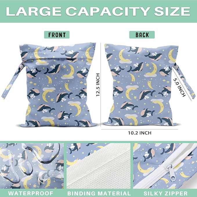 2-Pack Reusable Wet Bags, Fish & Marine Animal Pattern Wet Dry Pouch for Outdoor Daily Carrying