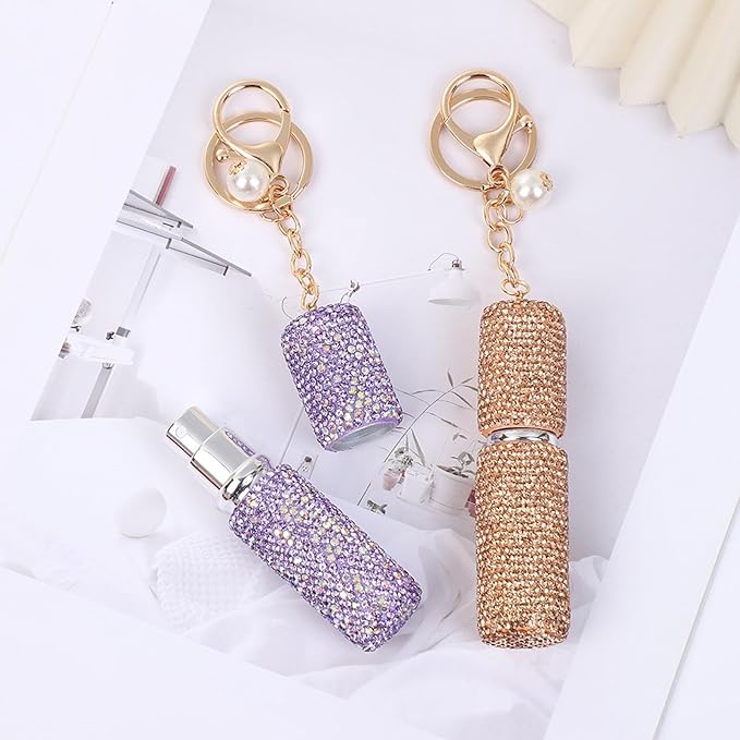 3 Pack Rhinestone Perfume Spray Bottle Crystal Travel Refillable Perfume Atomizer Bottle Portable Mini Perfume Spray Dispensers for Women 5 ML, Pink Purple Silver