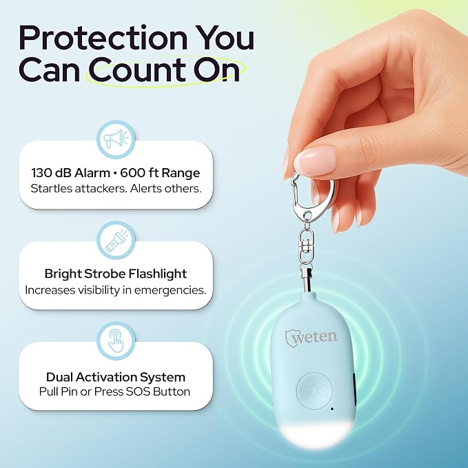 Weten Rechargeable Personal Alarm Keychain - 130dB Siren & LED Light - Stylish Personal Safety Alert for Women to Carry - Panic Button Alarm for Security - Rape Whistle for Self Defense (Blue)