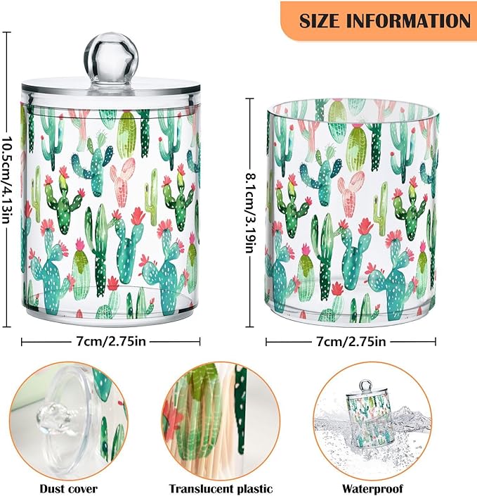 2 Pack Qtip Holder Organizer Dispenser Cactus on White Background Bathroom Storage Canister Cotton Ball Holder Container for Cotton Pads/Swabs/Floss