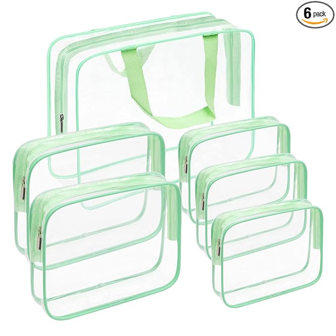 APREUTY Clear Makeup Bags, TSA Approved 6 Pcs Cosmetic Makeup Bags Set Clear PVC with Zipper Handle Portable Travel Luggage Pouch Airport Airline Vacation Organization (Green)