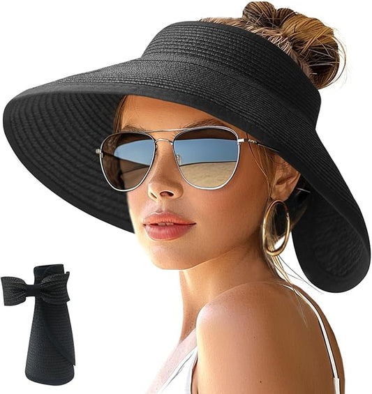 NPJY Sun Hats for Women Wide Brim Roll-Up Beach Ponytail Hat Packable Foldable Travel Straw Visor