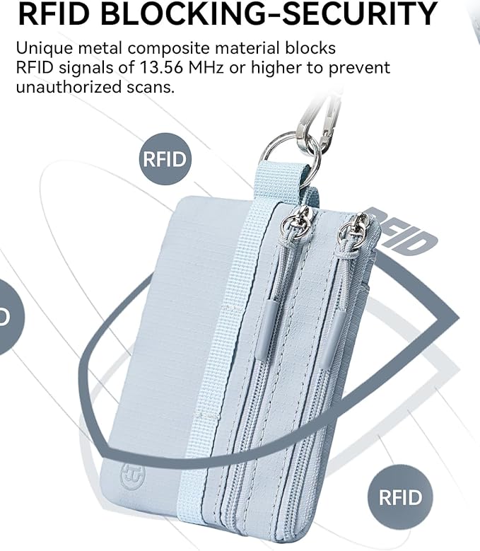 BOSTANTEN RFID Small Wallet, Minimalist Zip ID Case Wallet with Lanyard Keychain, Water Resistant Card Wallets for women & Men, Grey