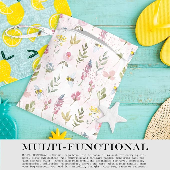 Wet Bag, Wet Dry Bag, Wet Bag for Swimsuit, Travel, Beach, Pool, Diapers, Dirty Yoga Gym Clothes, Makeup Bag, Waterproof Reusable Bee Decor Bee Print Bee Flower Party Favors