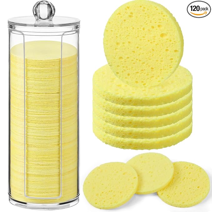 Sieral 120pcs Compressed Facial Sponges Disposable Natural Face Sponges Round Soft Pads with Container for Washing Face Cleansing Exfoliating Esthetician Makeup Removal Travel(Lemon Yellow)